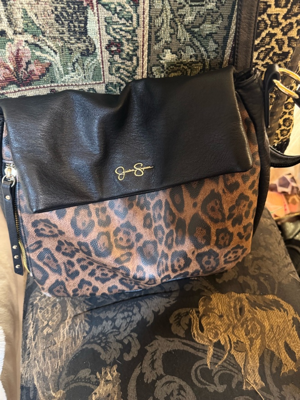 Jessica Simpson Black and Brown Leopard-Print Crossbody Bag